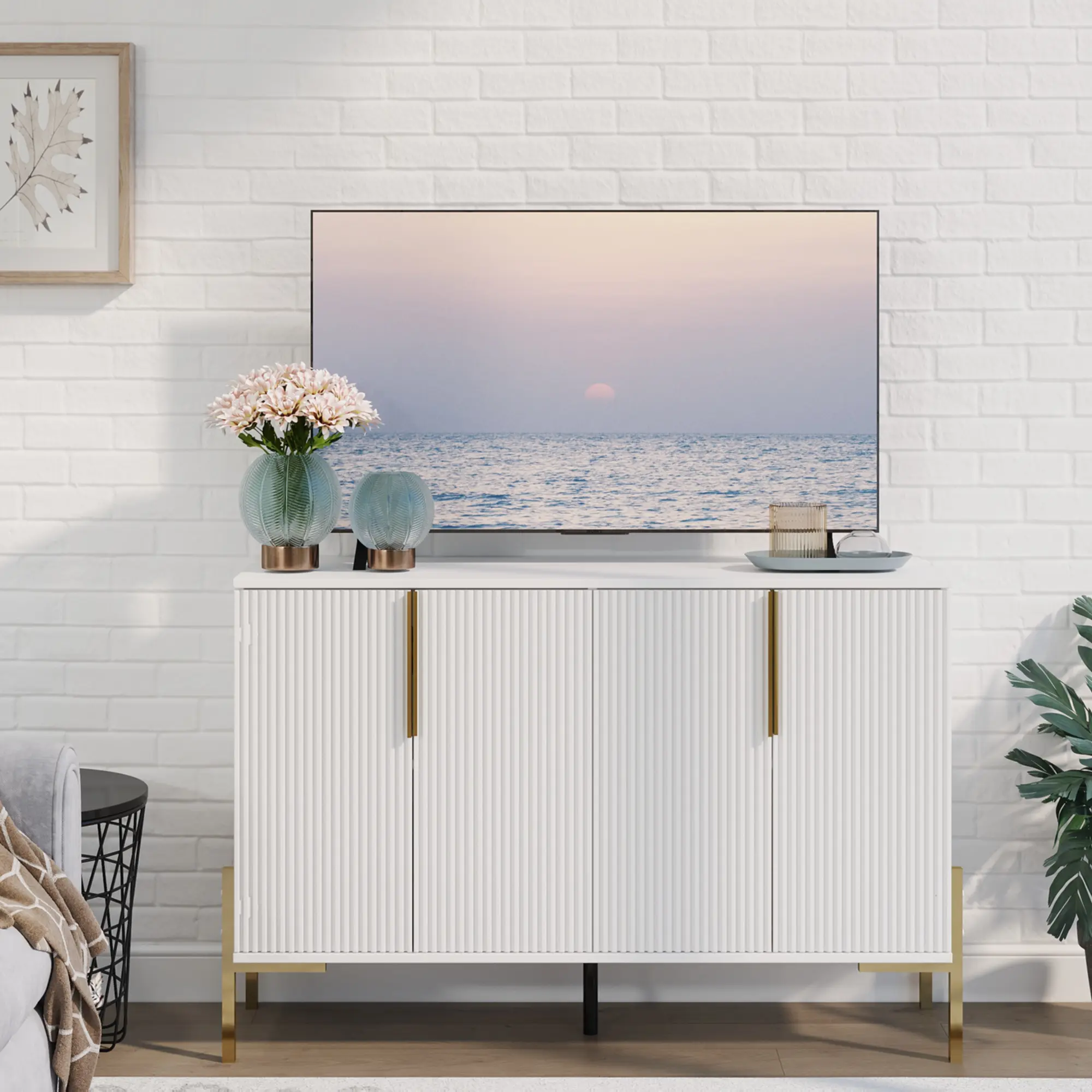 48-inch sideboard buffet cabinet, 4-door sideboard buffet cabinet with adjustable shelves, modern luxury buffet cabinet with storage space, modern style cabinet with gold legs, wide storage cabinet, used for living room, dining room, console bar cabinet t