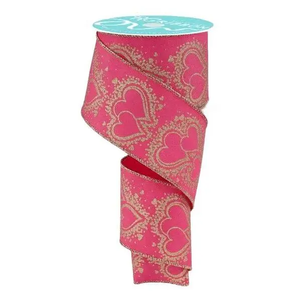 2.5" x 10yd Gold Hearts Ribbon – Hot Pink Gold