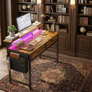 31.5 Inch Home Office Desk with LED Lights, Ergonomic Monitor Riser, 2 Fabric Drawers and Side Storage Pocket, Computer Desk for Bedroom & Workspace