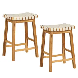 COSTWAY - Faux PU Leather Bar Stools Set of 2 with Woven Curved Seat Natural-25.5 inches