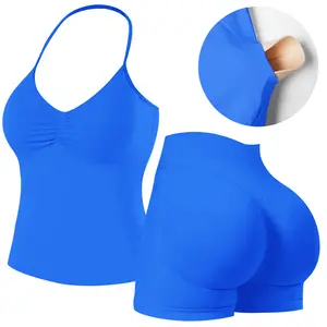 Jetjoy Women's 2 Piece Workout Set - Backless Halter Crop Top & High Waisted Scrunch Shorts - Lightweight Compression Sportswear for Yoga Gym