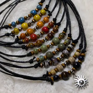 Sun Charm Ceramic Beaded Silver Boho Hippie Whimsical Adjustable Black Rope Cord Choker Stacking Necklace