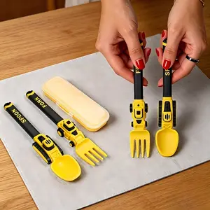 Colorful Construction Vehicle Themed Toddler Utensils, Reusable Plastic Fork and Spoon Set with Storage Case, Self Feeding Baby Led Weaning Easy Hold, Birthday Gifts for Kids
