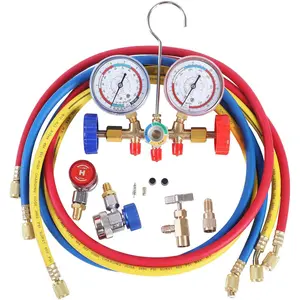 3 Way AC Manifold Gauge Set, HVAC Diagnostic  Tool for Auto Household R404A R134A Refrigerant, with 5FT Hose, Adjustable Quick Coupler, Can Tap and Adapter