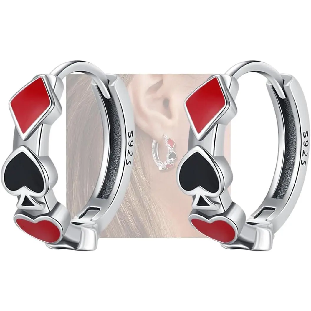 Poker Huggie Hoop Earrings 925 Sterling Silver Casual Casino Hearts and Spades Playing cards Simulate Cool Funny Earrings for Women