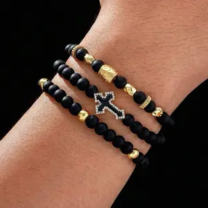 Simple Cross Beaded Bracelet Set for Men - 3pcs/4pcs with Black and Silver Beads, Suitable for Vacation, Dating, Birthday, and Casual Daily Wear