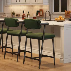 Counter Height Bar Stools Set of 2 with Arms, Upholstered Barstool with Back & Footrest, Soft Wider Seat, Modern Metal Bar Stools Set for Kitchen Island, Bar, Easy Assembly, Rustic Green