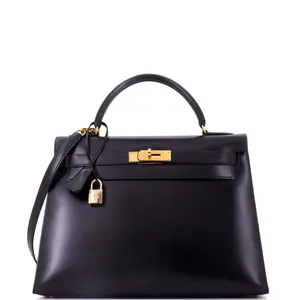 Pre-owned HERMÈS Leather Top Handle Bags Hermes Kelly Handbag Noir Box Calf with Gold Hardware 32 by Rebag