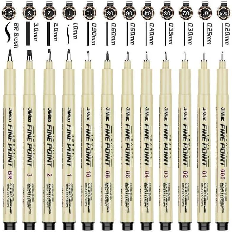 Black Archival Ink Pens - 12 Pack Fine Point Drawing Pens for Writing, Drawing, or Journaling - Multiliner Pens for Artist Illustration & Sketching