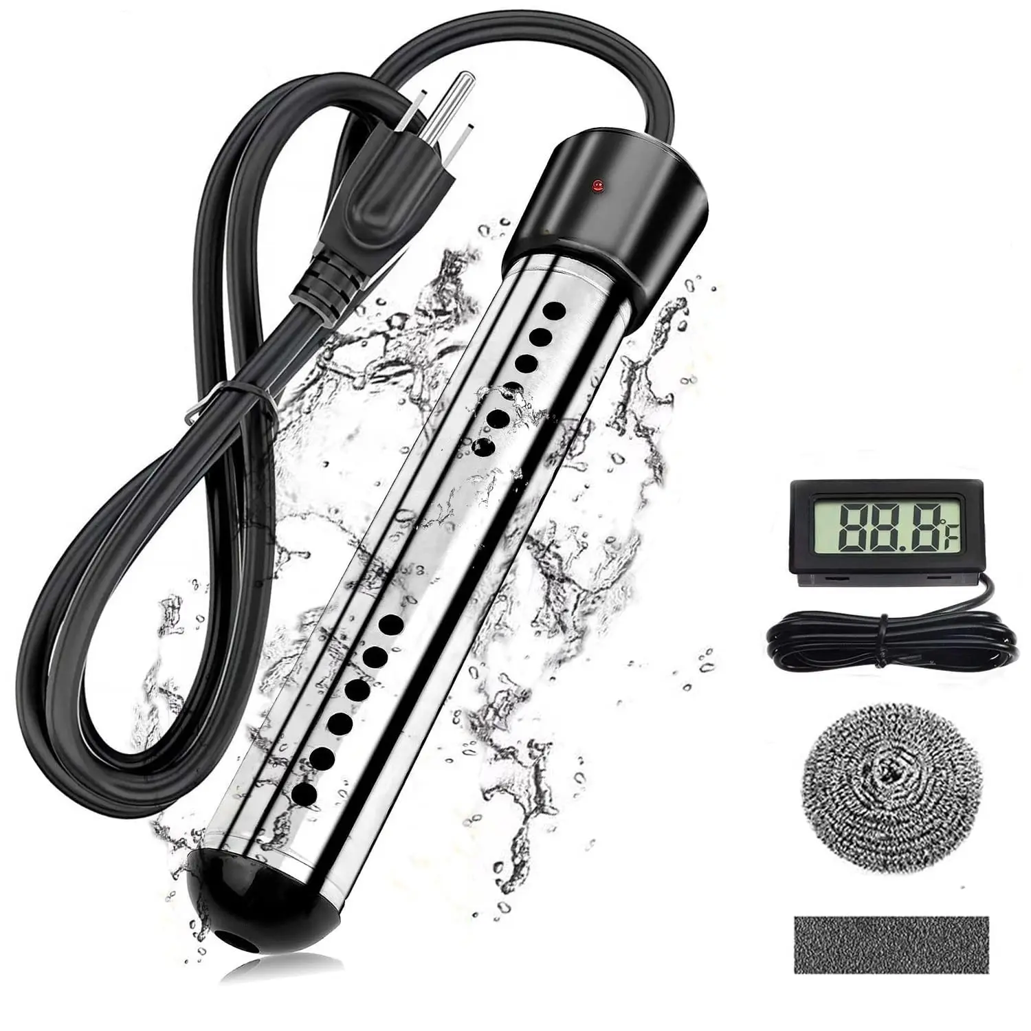 2000W Immersion Heater, Portable Electric Water Heater Fast Heating for Buckets Bathtubs, Submersible Water Heater with LCD Thermometer 304 SS Guard, 5 Gallons of Water in Minutes