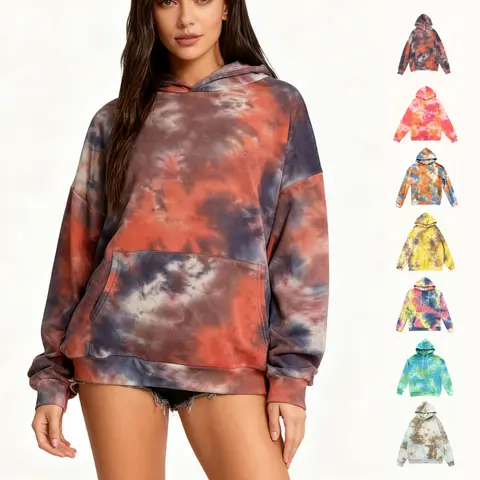 Holafish Tie-dye Oversized Hoodies Sweatshirt - Women's Long Sleeve Cotton Blend Vintage Effect Loose Fit Pullover Top for Casual & Trendy Looks