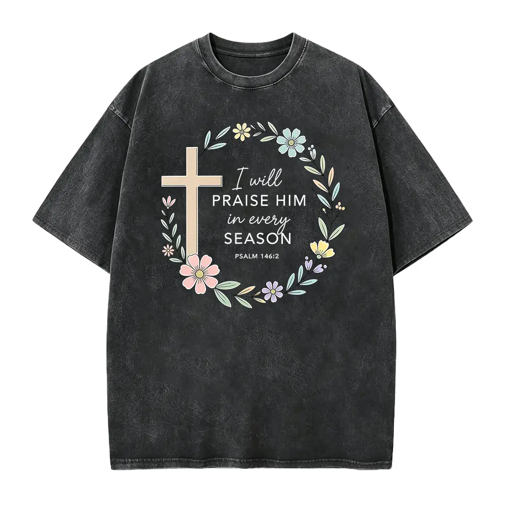 Women's Short-Sleeve Religious Garment - I Will Praise Him Easter Tee, Floral Bible Verse Essential, Beach & Everyday Wear Gift for Her, Shortsleeve