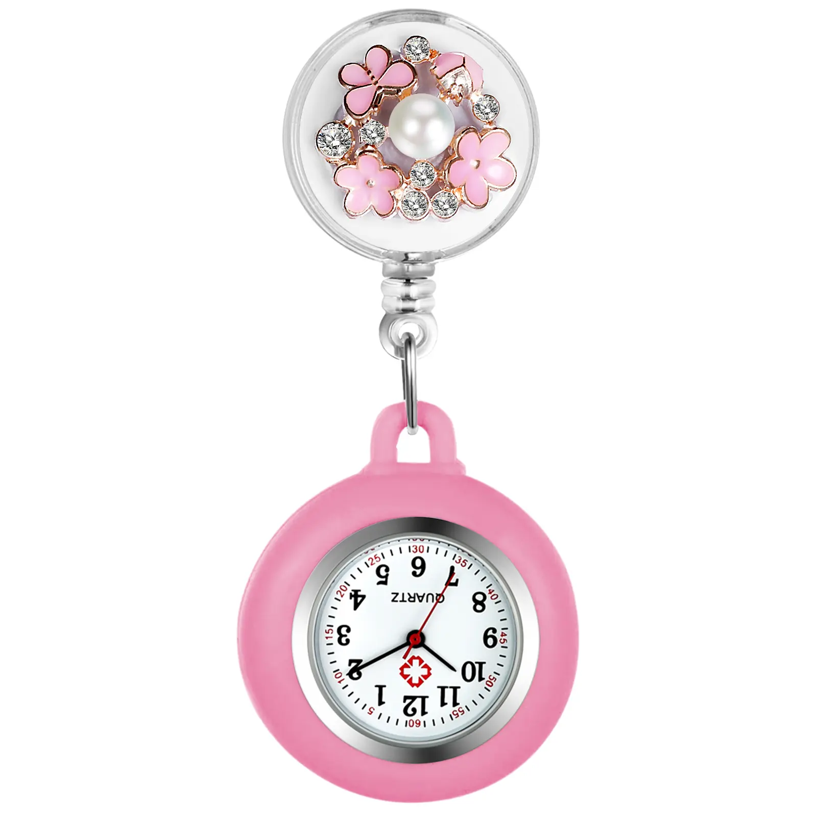 OIDEA Women's 3D Petal & Faux Pearl Splash-Proof Pocket Fob Nurse Watch, Pink Eco-Friendly Silicone Sleeve, Floral Alloy Case, Quartz Movement, 1ATM, Fashion Accessories for Women, Caregivers, Everyday Wear, Watches For Women
