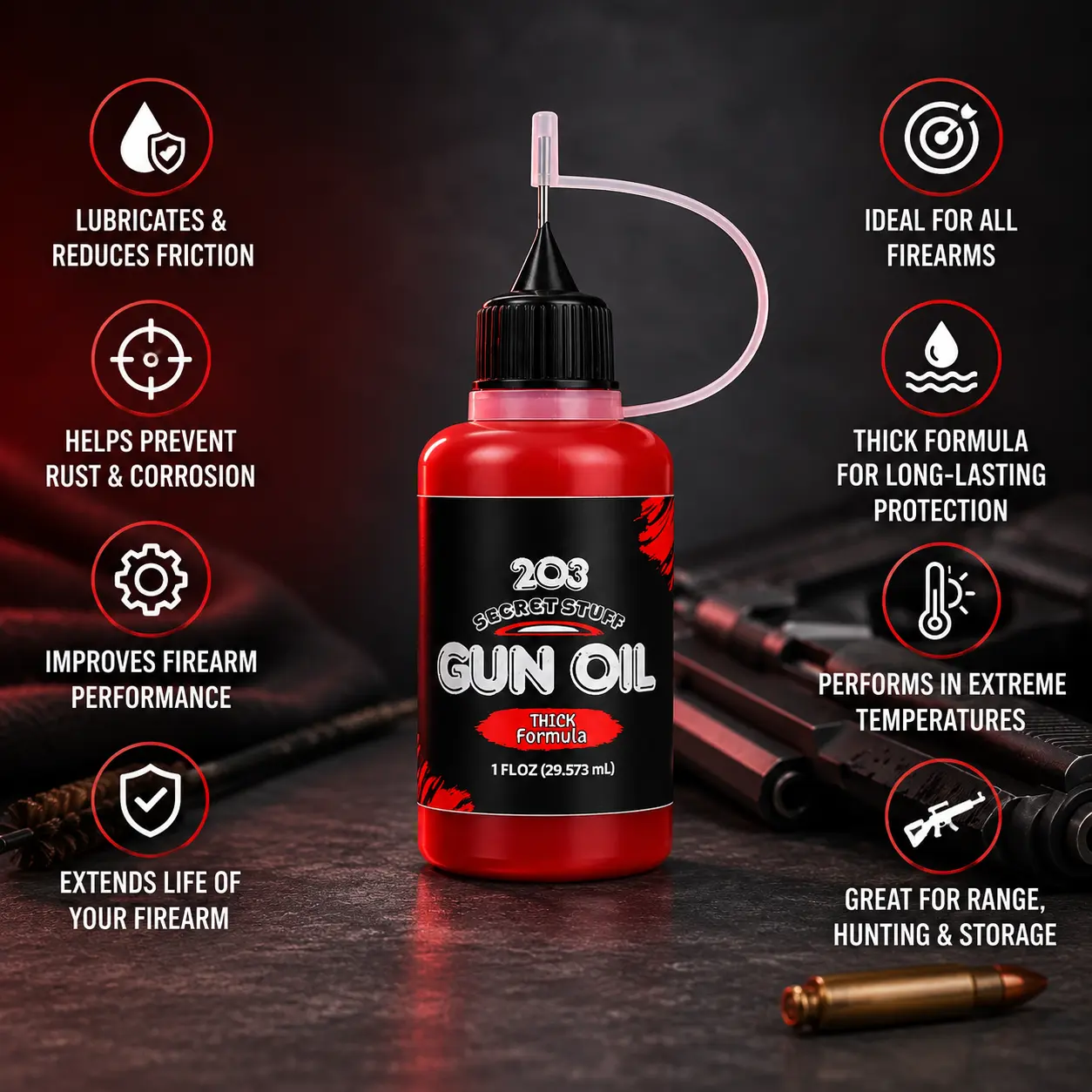 203 Gun Oil 1 oz – High-Viscosity Gun Lubricant with Precision Needle Oiler, Extreme Temperature Performance, Reduces Friction & Wear, Rust & Corrosion Protection