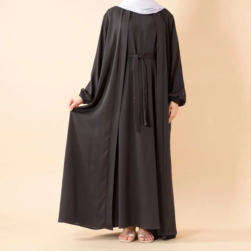 Women's Premium Nida Zoom Open 3-Piece Modest Islamic Abaya Set (MOA239) - Textured Matte Finish, Lightweight Loose, Adjustable, Breathable, Casual, Cold Wash Muslim Summer Clothing