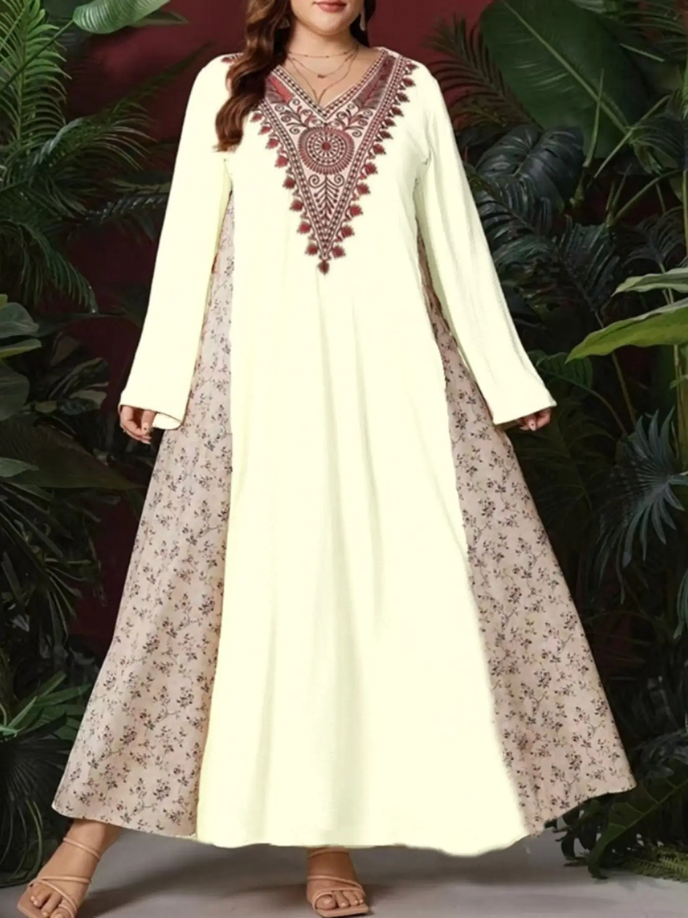 Women's V Neck Embroidered Boho Dress, Loose-Fit Long Sleeve Maxi Dress, All-Season Woven Fabric, Fashionable Ethnic Style