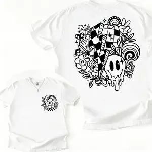 100% Cotton Black and White Checkered Unisex T-shirt with Mushroom, Checkered Pattern Smile Flower Prints for Casual Wear
