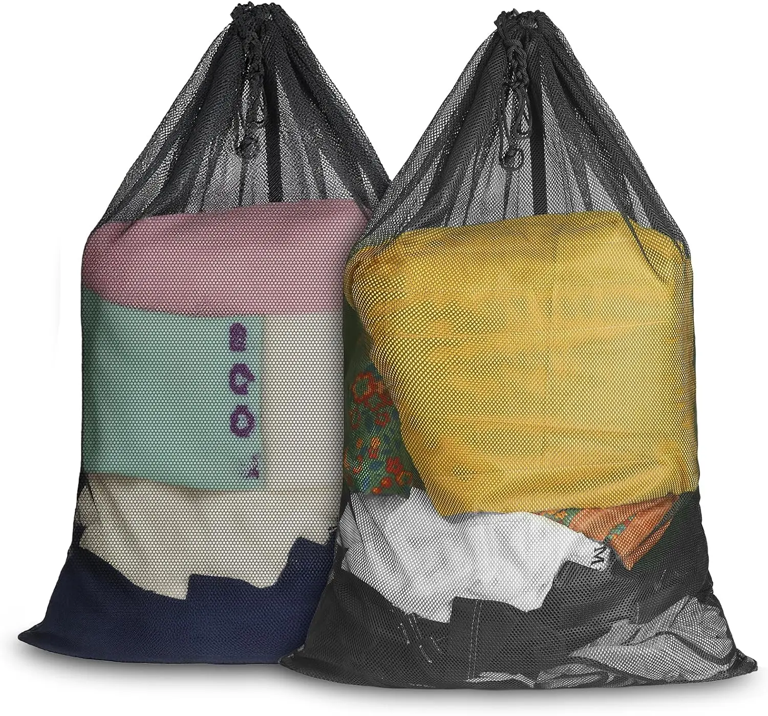 2-Pack Large Oval Nylon Mesh Laundry Bags (23x34in) - Portable, Lightweight, Heavy-Duty Polyester, Breathable Washable Drawstring Hamper Liners for College Dorm Dwellers, Home Supplies Laundry Tools, Black