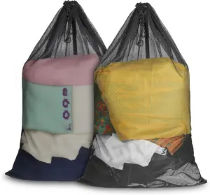 Large Mesh Laundry Bag for Travel: 2 Pack 23 x 34 Inches Heavy Duty Hamper Liner Bags - Washable Laundry Drawstring Bag for College, Dorm, Family and Apartment Dwellers, Black