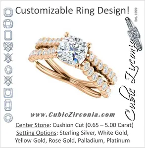 Cubic Zirconia Engagement Ring- The Roxana (Customizable Cushion Cut Design with Beaded-Bezel Round Accents on Wide Split Band)
