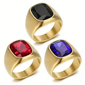 18K Gold-plated Minimalist Style Synthetic Zircon Geometric Square Stainless Steel Men's Ring, Fashionable Matching, Gift Jewelry for Men