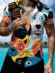 Men's Colorful Cartoon Dog Print Short Sleeve Shirt