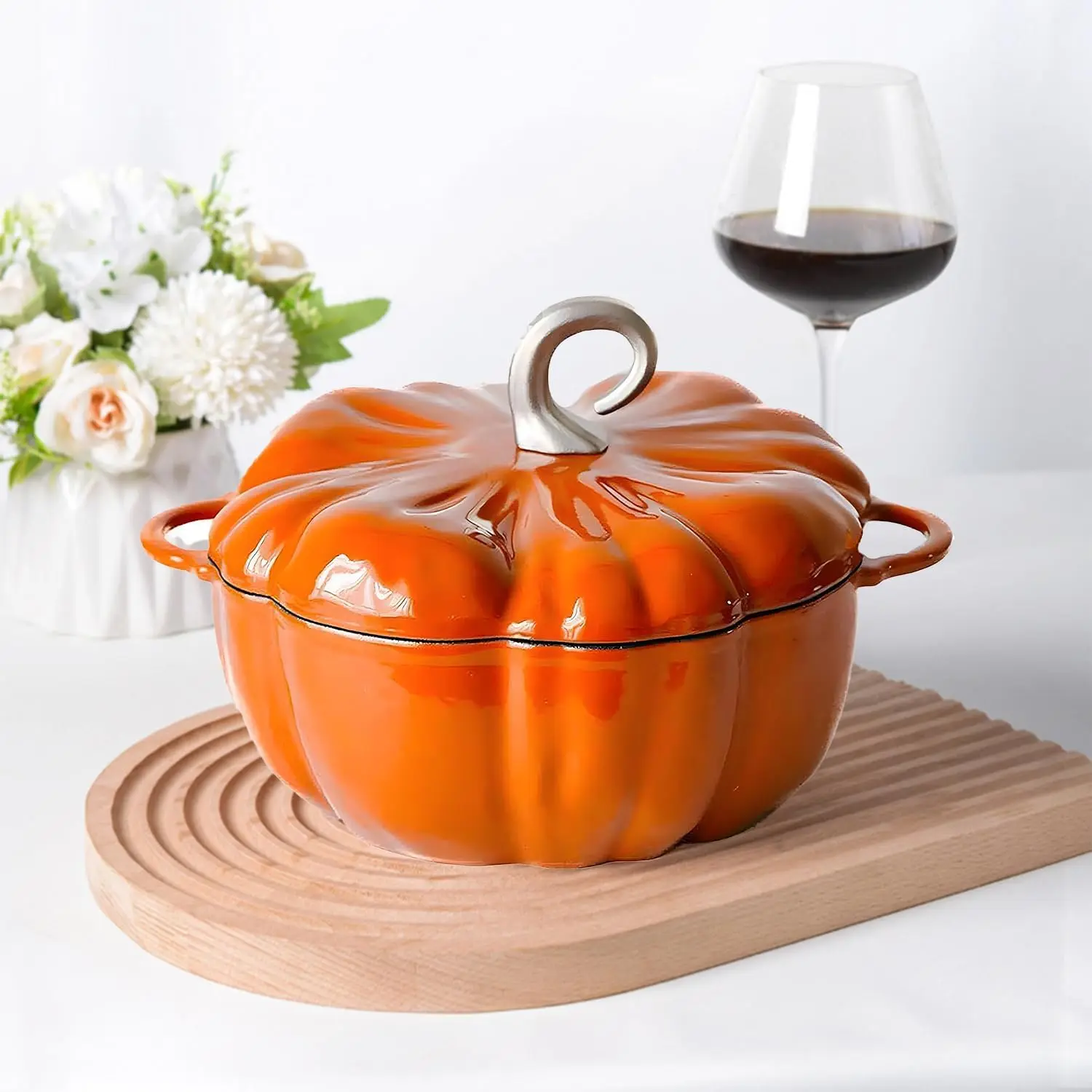 Pumpkin Cast Iron Dutch Oven, 4Qt Enamel Cast Iron Cooking Pot with Lid | Pumpkin-Shaped Cocotte, Soup Pot - Serves 3-5, Christmas Thanksgiving Decor Gift, for Various Stoves Yuidirtu