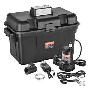 fathersdaygift VEVOR Basement Emergency Back-Up Sump Pump, 2000GPH 0.17 HP Backup Sump Pump System, with 15V Adapter, Float Switch, 24-Hour-a-Day Monitoring Controller, Alerts, and Charger, Black
