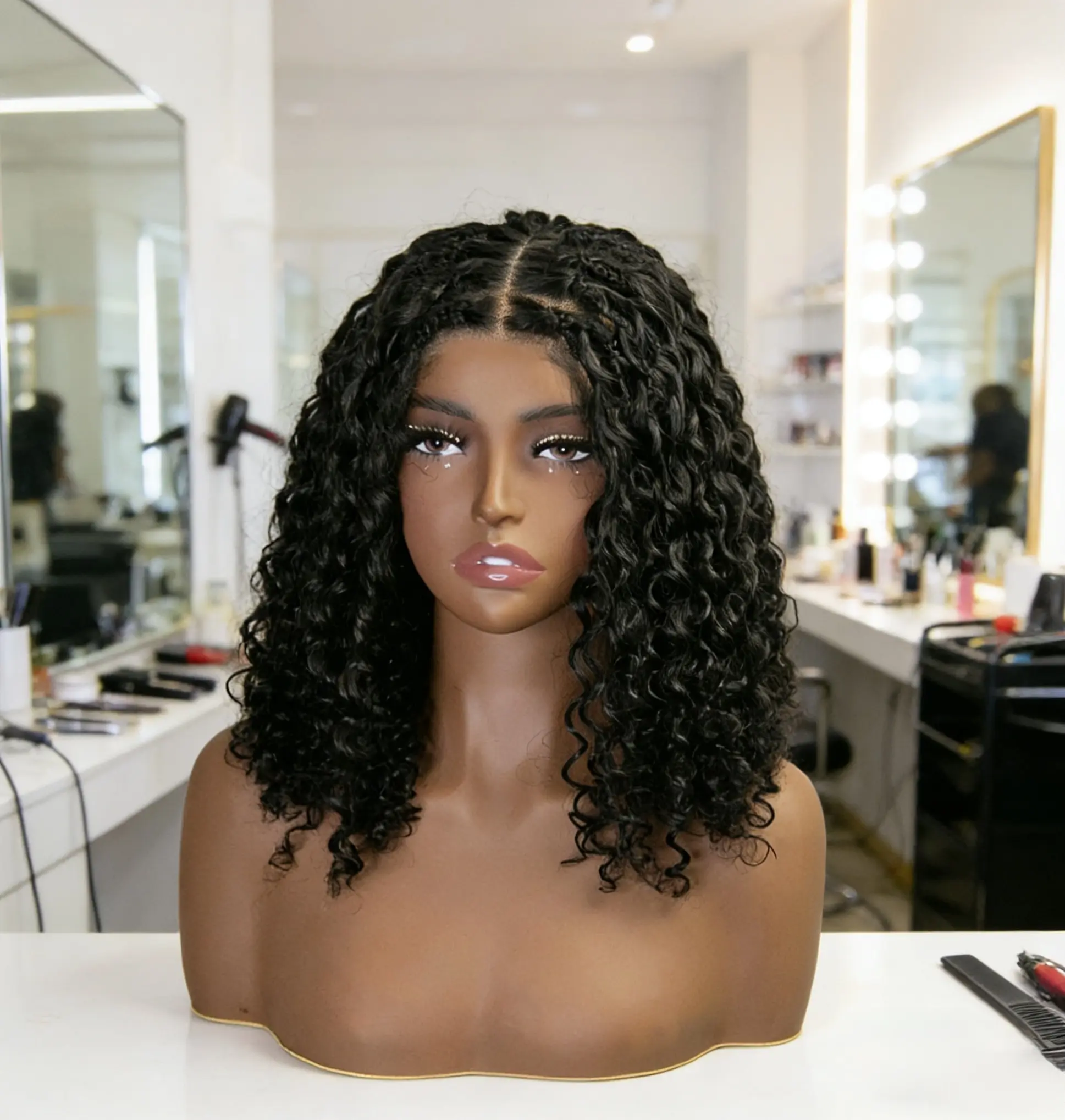 Black Women's 5x5 HD Lace Water Wave 100% Human Hair Braided Wig, Square Parted Knotless Pre-Plucked With Baby Hair
