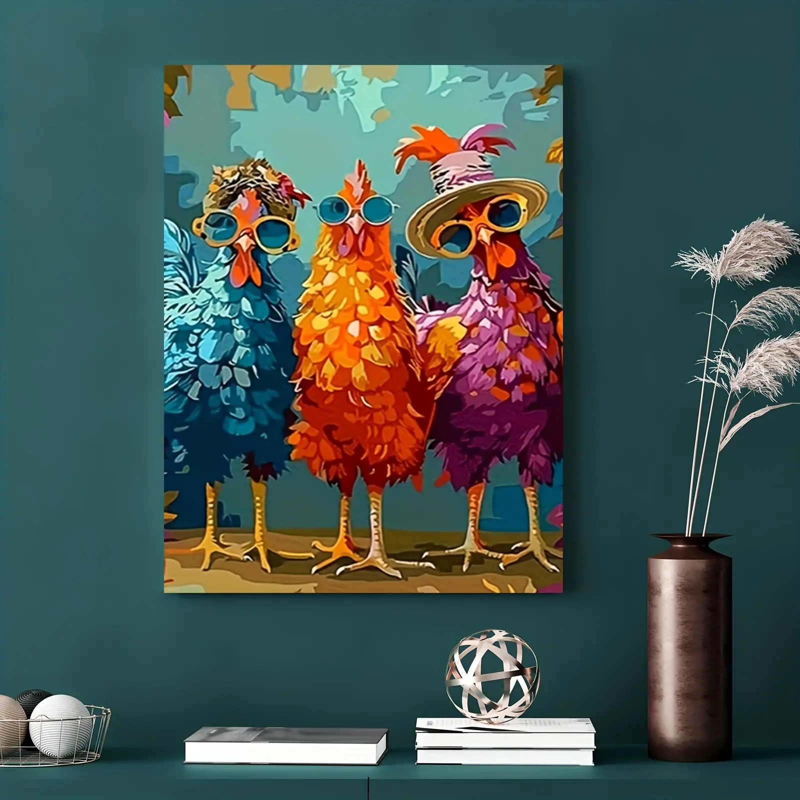 2D Flat, 1pc Frameless Canvas Wall Art - Playful Roosters in Glasses & Hats, 12x18 Inch Vibrant Paint-by-Numbers Design, Modern Art Deco Style Detailed Feather Art for Valentine's Day Gift, Home Decor, Bedroom, Living Room, Office