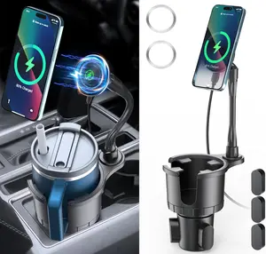 Magnetic Wireless Cup Phone Holder for Magsafe Car Mount Charger 15W Fast Charging Cell Phone Stand Drink Holder with Expandable Base Flexible Gooseneck for iPhone 16 15 14 13 12 Series Most Bottles