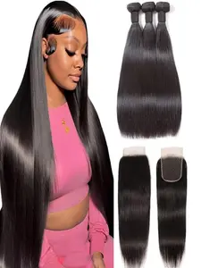 Straight Human Hair 3 Bundles with Closure  12A Real Human Hair Bundles with Closure 4x4 Swiss Lace Free Part
