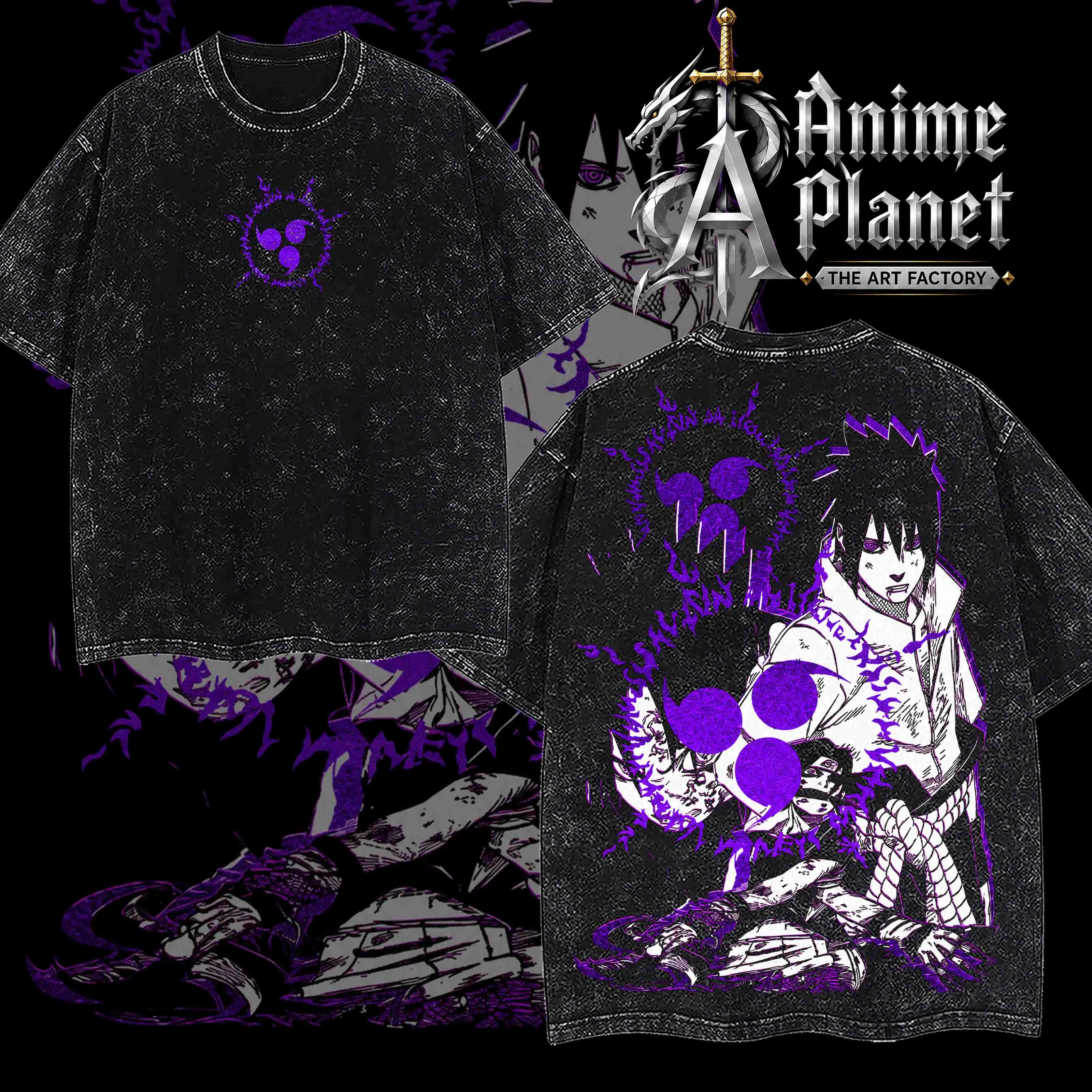 [ Anime Planet ] Sasuke Anime Graphic Acid Wash Shirt, Purple Lightning Ninja Oversized Washed Pullover, Manga Inspired Streetwear Gift For Anime Fans