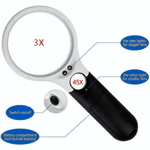45X/3X Handheld Magnifying Glass with 3 LED Light Lighted Magnifier for Reading Small Print Jewelry Coins Inspection Crafts Sewing Hobby Tools Collectibles Model Making Electronics Close Up Viewing Elderly Vision Aid DIY Hobbyist