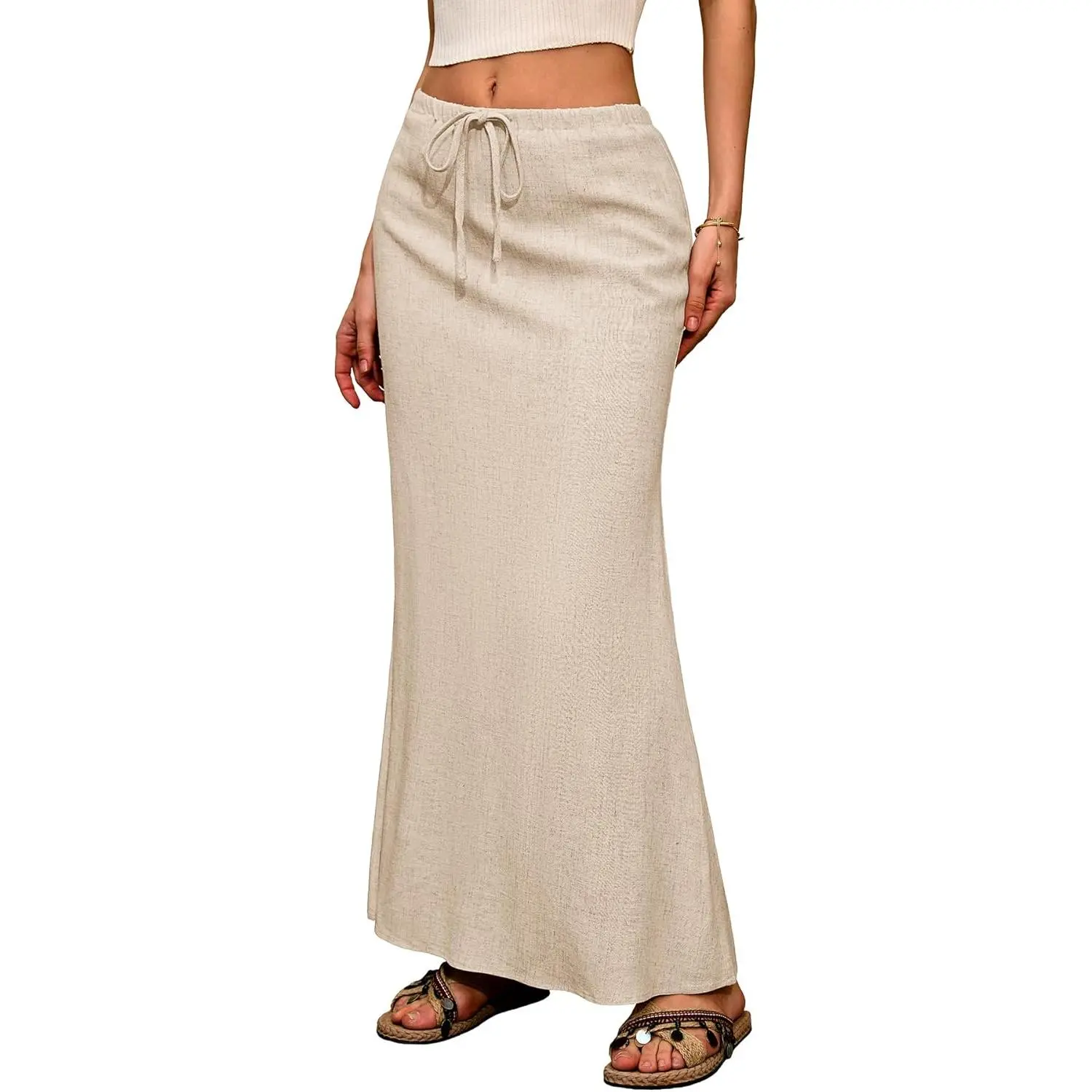 Women's Beige Basic Linen Flowy Maxi Skirt - Flared Cut, Elastic Waist with Drawstring, Back Slit, Ankle-Length, Casual Fashionable Skirt for Summer Casual Wear, Flowy Maxi Skirts
