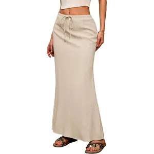 Women's Beige Basic Linen Flowy Maxi Skirt - Flared Cut, Elastic Waist with Drawstring, Back Slit, Ankle-Length, Casual Fashionable Skirt for Summer Casual Wear, Flowy Maxi Skirts