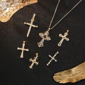 1pc Elegant Vintage Golden-Tone Cross Pendant Necklace with Synthetic Gemstones - Unisex Couple's Jewelry for Pride Month, Daily & Party Wear, Year-Round Luxury Accessory, Cross Necklace, Allseason Jewelry, Intricate Craftsmanship