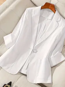 Women's Elegant Commuter Versatile Spring Summer Lightweight Fitted Seven-Quarter Sleeve Blazer Jacket, Single Button Lapel Wraparound Design