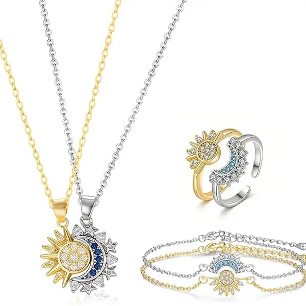 Sun Moon Matching Jewelry Set for Couples Adjustable Matching Sun and Moon Magnetic Necklace Magnetic Bracelet Ring Set Couple Jewelry Gifts for Him and Her, Party, Love & Back to School