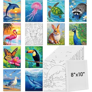 12 Pcs 7.9 x 9.8 Inch Pre Drawn Canvases for Painting Pre Stretched Canvas DIY Coloring Outline Painting Boards for Beginners Adults (Animal Style)