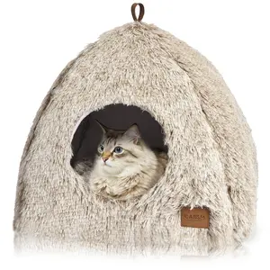 Cat Bed, Cat Cave for Indoor Cats, Soft Cat Dome, Self-Warming 2 in 1 Foldable Pet Cat House with Washable Cushioned Pillow Calming Fluffy Dog Beds for Small Dogs with Anti-Slip Bottom Brown