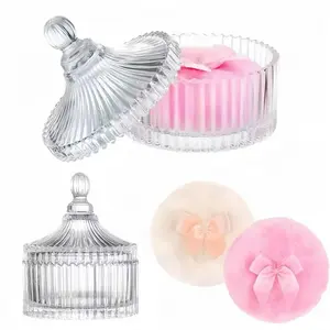 Dusting Powder Container with Puff, 2PCS Large Body Powder Puff and Container - Crystal Glass Dusting Powder Jar & Soft Velour Washable Body Powder Puff for Women