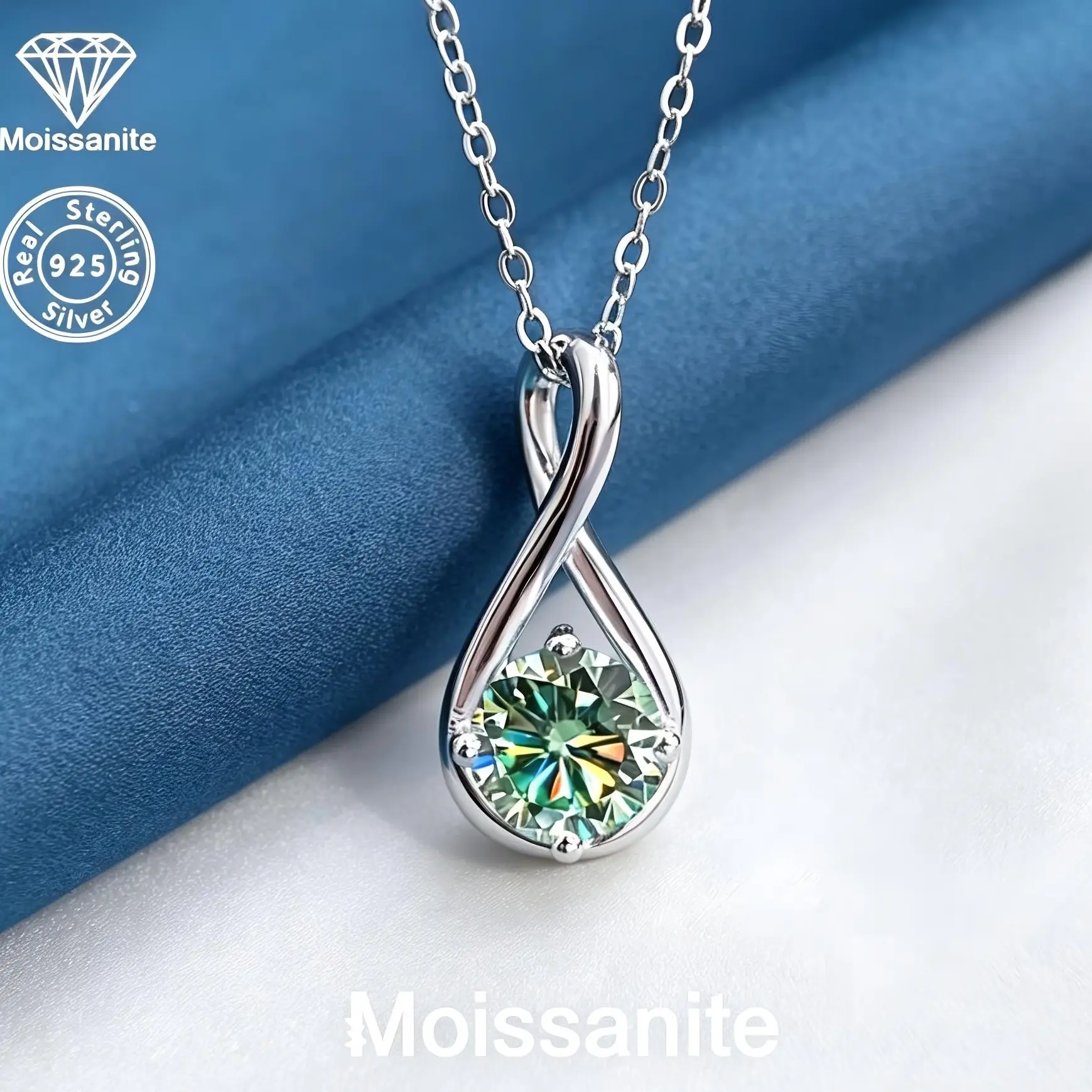 Green Moissanite Infinity Pendant Necklace - 925 Sterling Silver Gift for Her