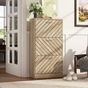 Modern Shoe Cabinet with 3 Flip Drawers, Slanted Design, Shoe Storage Organizer for Hallway Entryway (22.4”W x 9.4”D x 42.3”H)