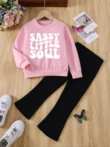 Two-piece Set Girl's Letter Print Sweatshirt & Solid Elastic Waist Flare Leg Pants Set, Casual Round Neck Long Sleeve Pullover & Bell Bottom Trousers for Fall & Winter, Kids Clothes for Daily Wear, Baby Girl Clothes