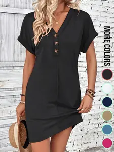 Women's Plain Button V Neck Tee Dress, Casual Short Sleeve Batwing Sleeve Short Dress for Summer, Fashion Women's Dress, Casual Wear