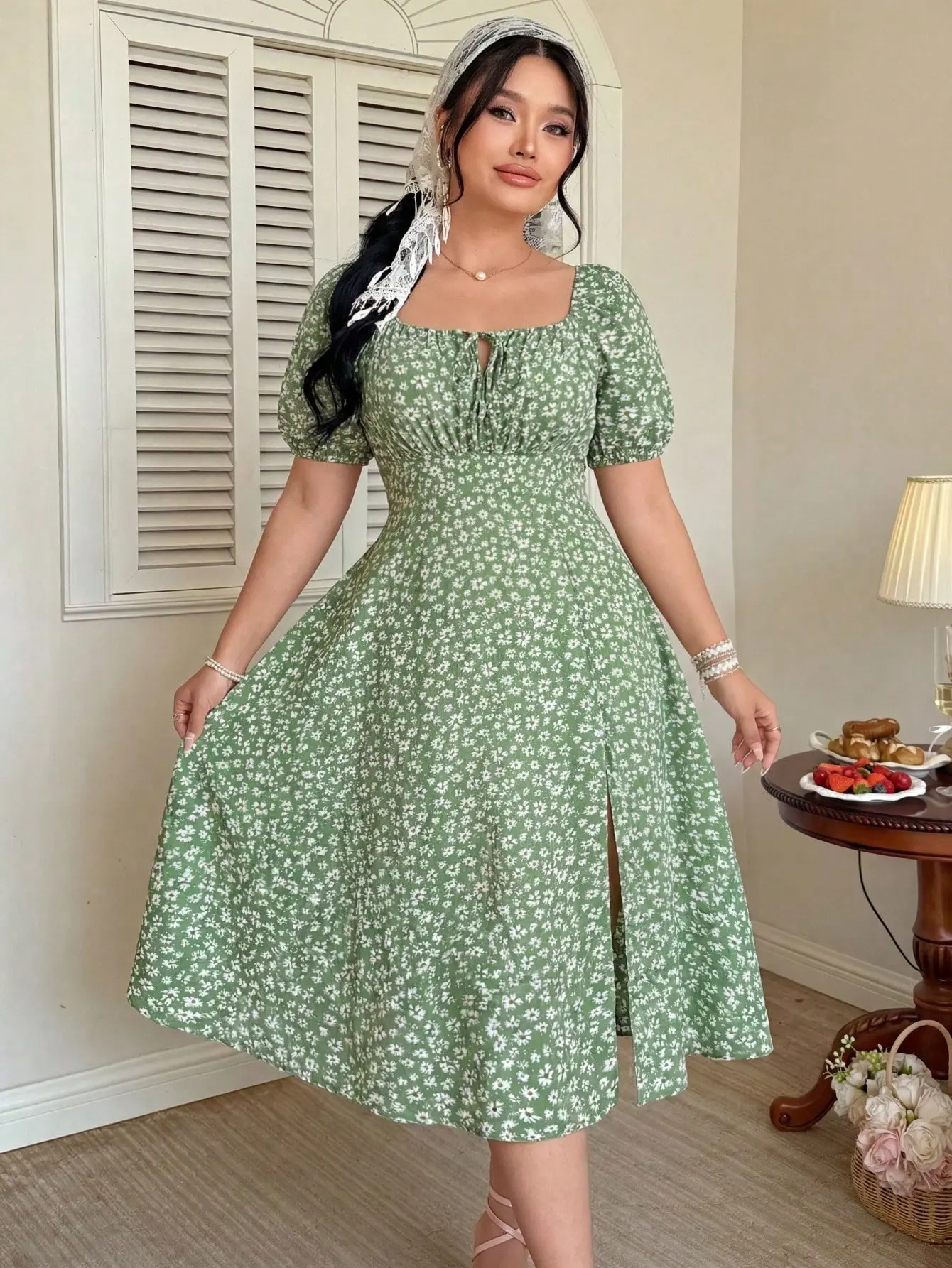 FleurLily Plus Size Women's Boho Fashionable Sweet Ditsy Floral Dress With Cinched Waist And Puffed Sleeves Vacation Beach Outfit, For Summer