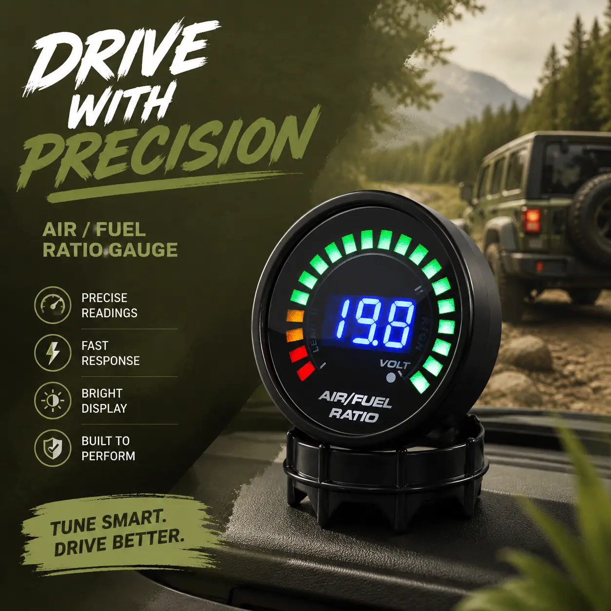 12V Automotive Air-Fuel Ratio Gauge with Color LED Bar, Digital Display, DC 12V Input, Matte Plastic & Voltage Monitor for Modified Cars, Turbocharged Racing Cars, Led Lights