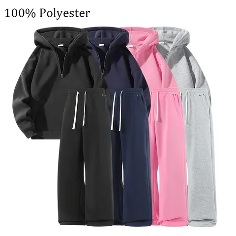 Half zip hooded sweatshirt and wide leg sweatpants set made from polyester fabric in a street casual style; half zip hoodie paired with drawstring waist wide leg pants; solid color coordinated outfit suitable for everyday outings.