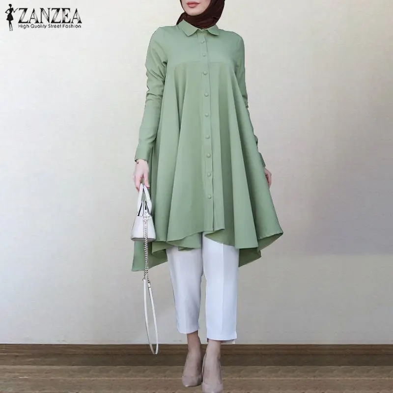 ZANZEA Muslim Asymmetrical Shirts Womens Autumn Blouse Casual Retro Long Sleeve Turkish Shirts Solid Islam Clothing Robe